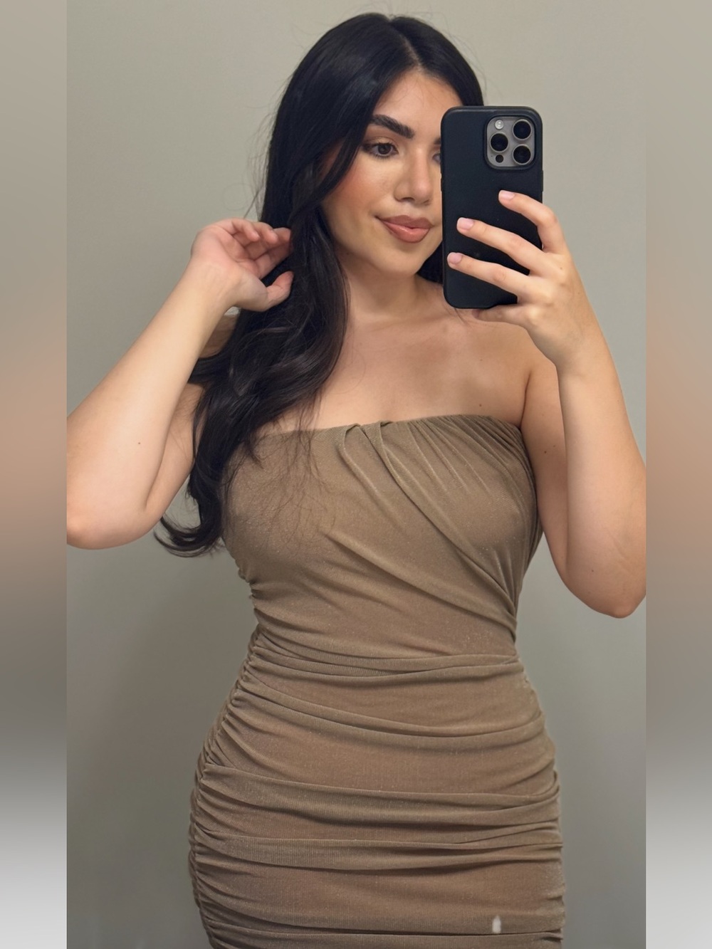 JLUXLABEL Strapless Ruched Bodycon Dress in Tan